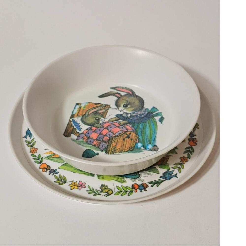 Vintage 1970s Silite Melamine Pet Rabbit Plate & Bowl Set